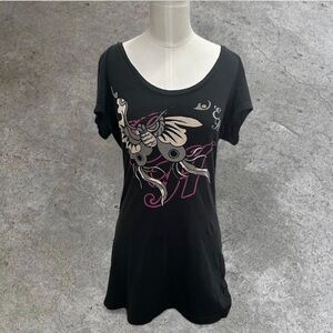 Ed Hardy Black Scoop Neck Short Sleeve Tee with Pink & Cream Graphic